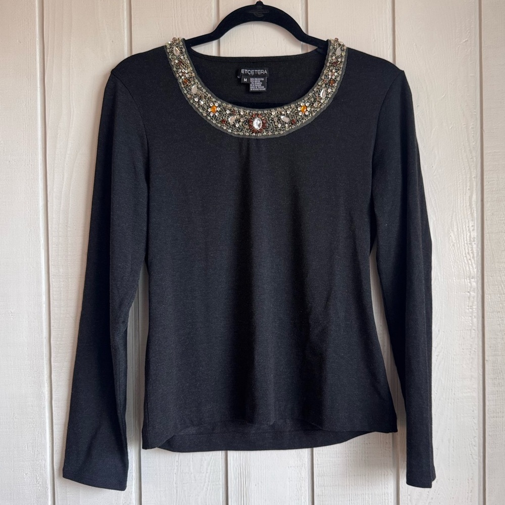 Etcetera Black Top with Rhinestone Neckline